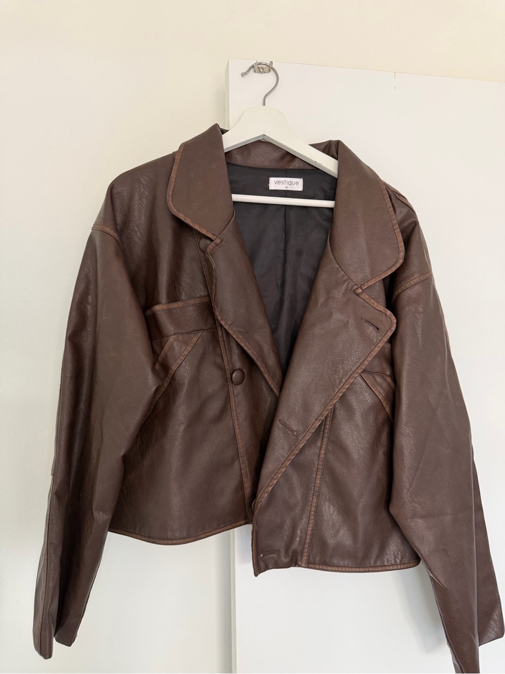 vestique Brown Faux Leather Cropped Blazer Jacket